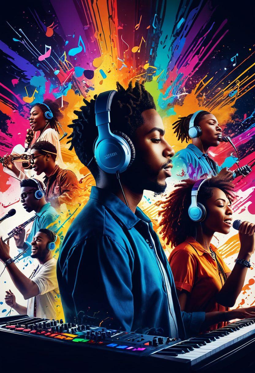 Create a dynamic collage of diverse musicians performing passionately on stage, with bright musical notes and streaming symbols flowing around them. Include elements like headphones, play buttons, and a vibrant YouTube logo in the background. Capture the essence of rhythm and the excitement of discovering new music. vibrant colors. digital art.