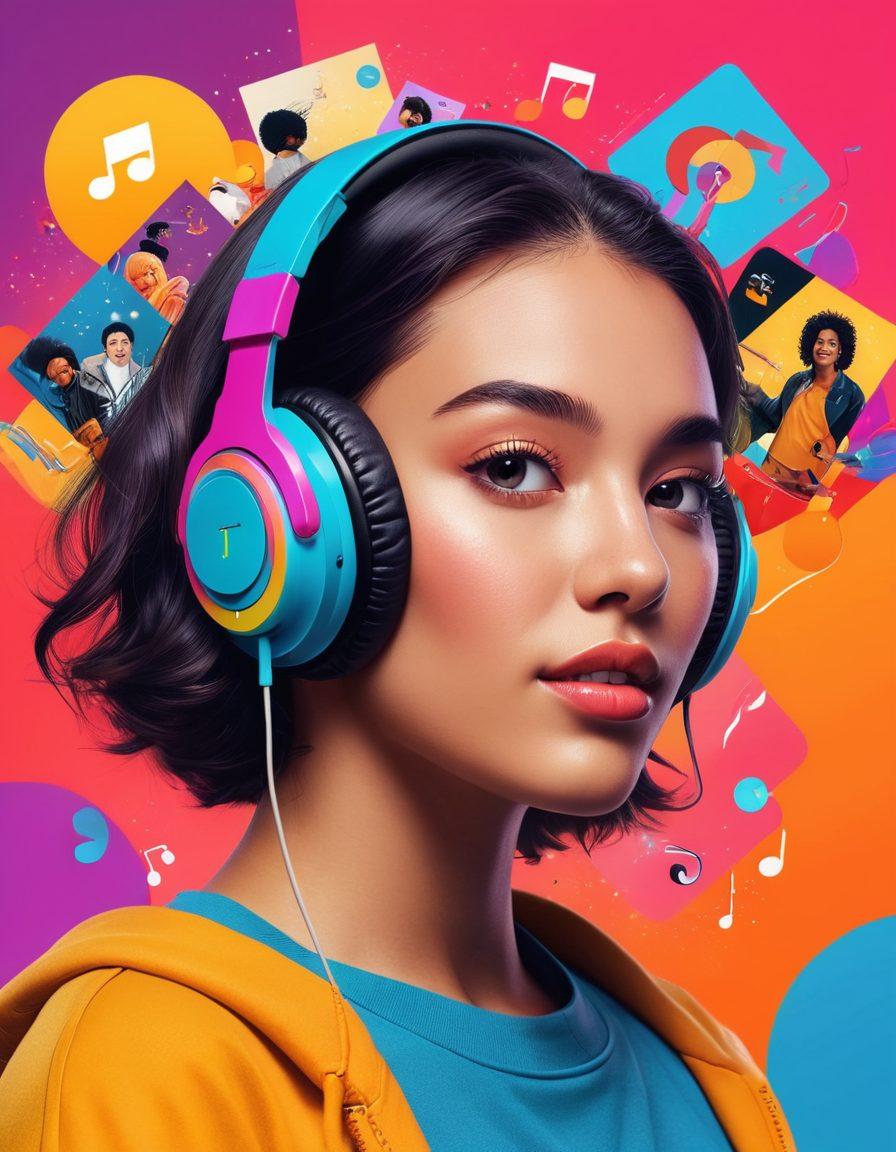A vibrant collage featuring a diverse group of people enthusiastically browsing through a colorful playlist interface on YouTube Music, surrounded by music notes and genre icons. The background showcases elements like headphones, vinyl records, and digital devices, embodying the essence of music exploration. Bright colors and a dynamic composition enhance the lively atmosphere. super-realistic. vibrant colors. modern digital art.