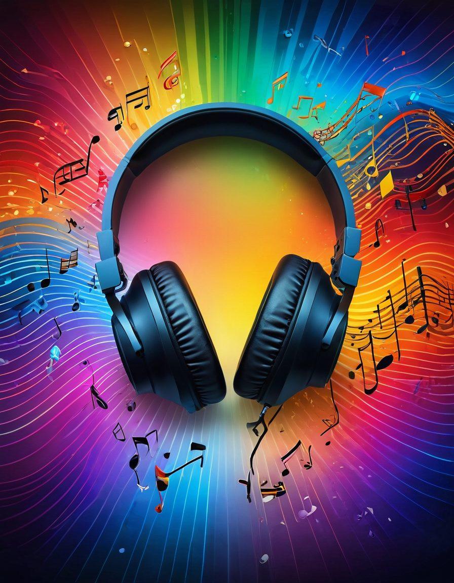 A vibrant collage of diverse music genres represented by colorful sound waves emanating from a modern streaming app interface displaying the YouTube logo. Include imagery of headphones, musical instruments, and notes in a dynamic arrangement, showcasing the thrill of discovering new music. The background should be a seamless gradient of colors to represent different musical moods. super-realistic. vibrant colors.